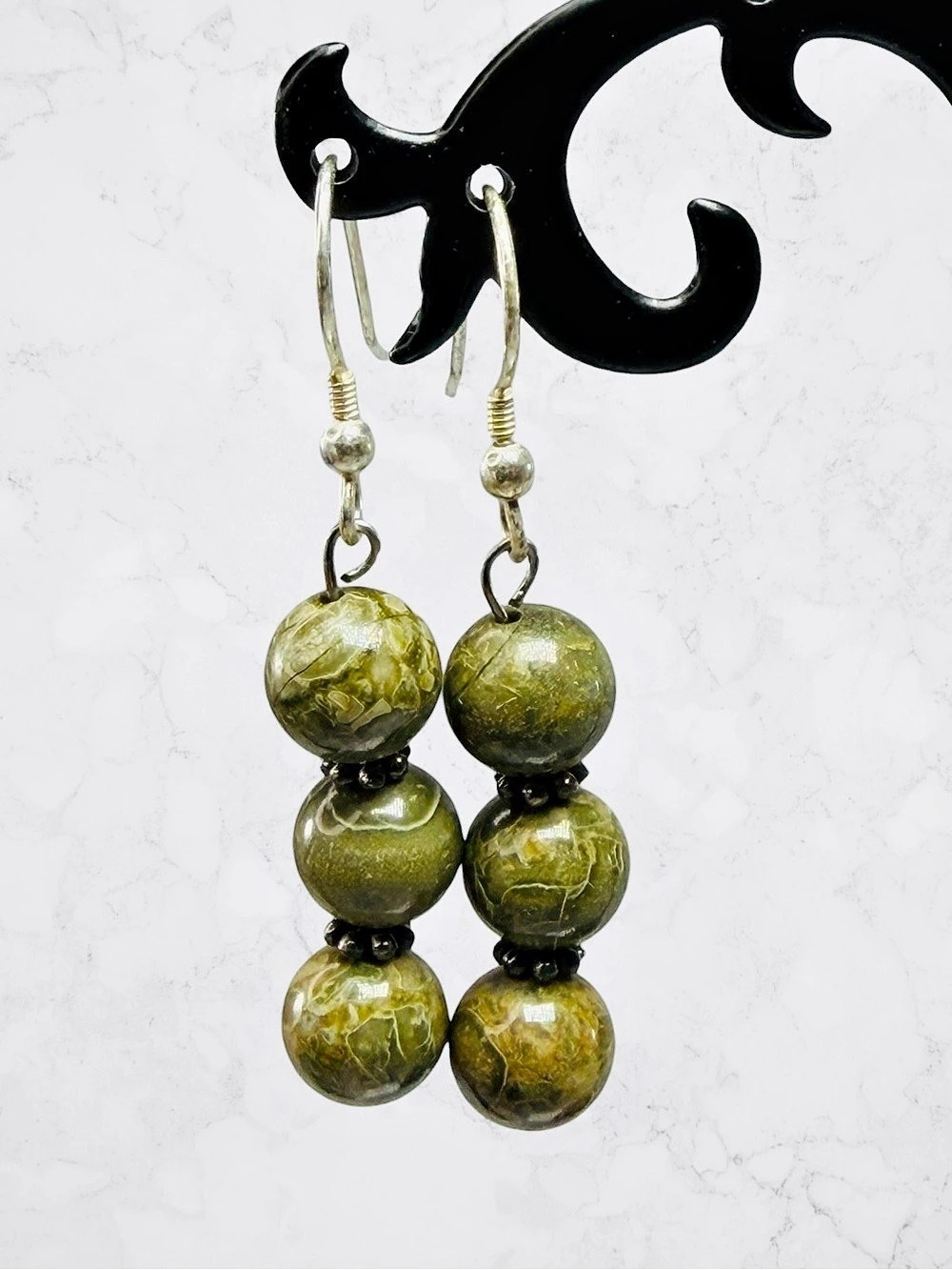 Unakite Sterling Silver 925 Gemstone Hook Earrings Forest Green Gold Three Stone